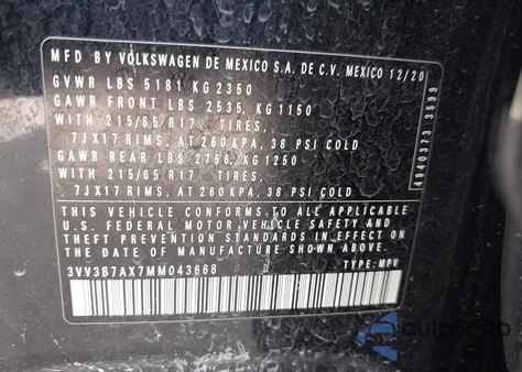 2021 Volkswagen Tiguan 2.0T Se/2.0T Se R-Line Black/2.0T Sel из США, поврежденный, VIN 3VV3B7AX7MM043668